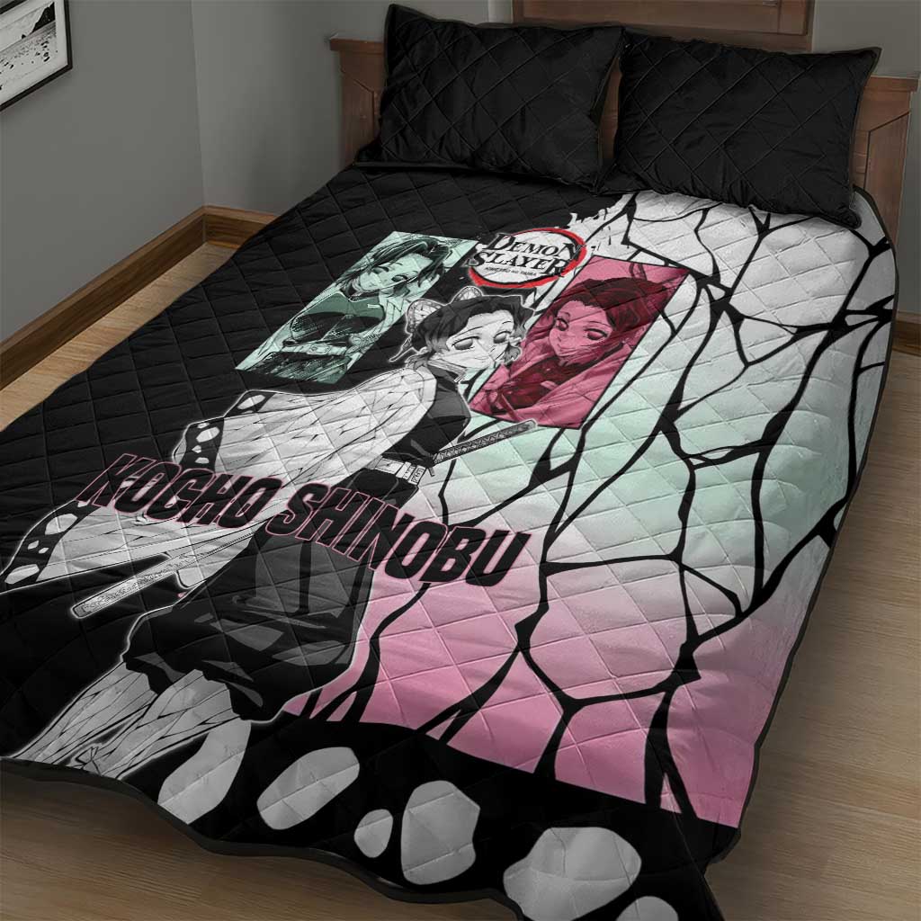Shinobu Kocho from Demon Slayer Quilt Bed Set with Black and White Wing Pattern and Pastel Manga Panel Design - The Mazicc