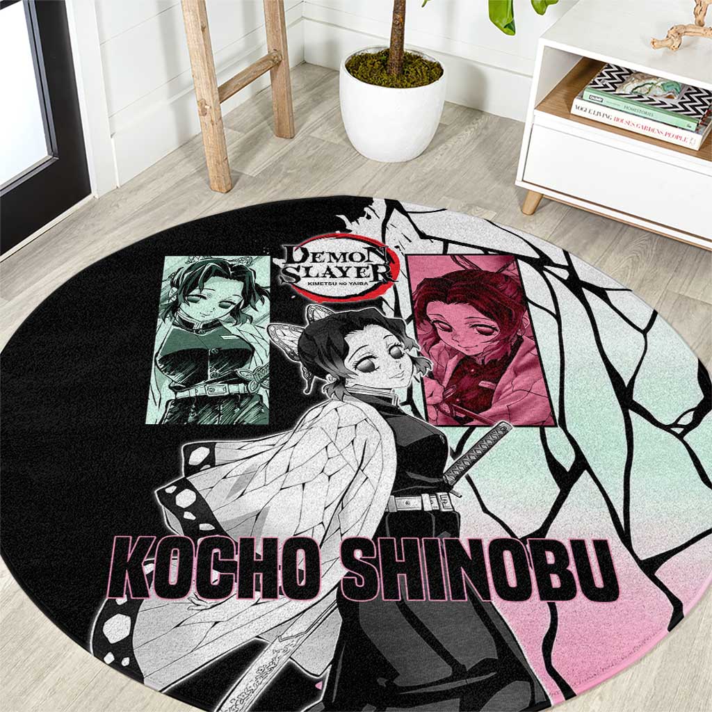 Shinobu Kocho from Demon Slayer Round Carpet with Black and White Wing Pattern and Pastel Manga Panel Design - The Mazicc