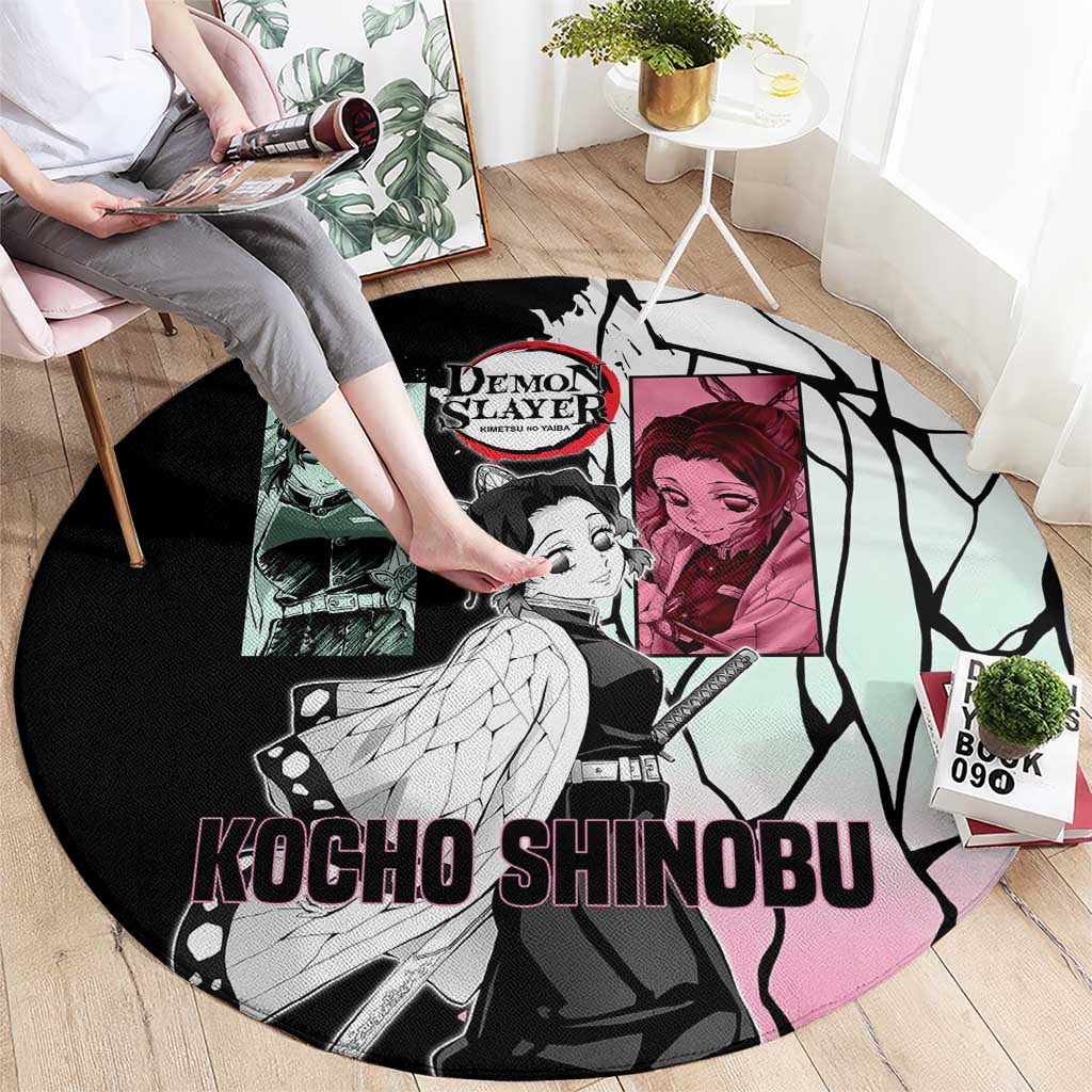 Shinobu Kocho from Demon Slayer Round Carpet with Black and White Wing Pattern and Pastel Manga Panel Design - The Mazicc