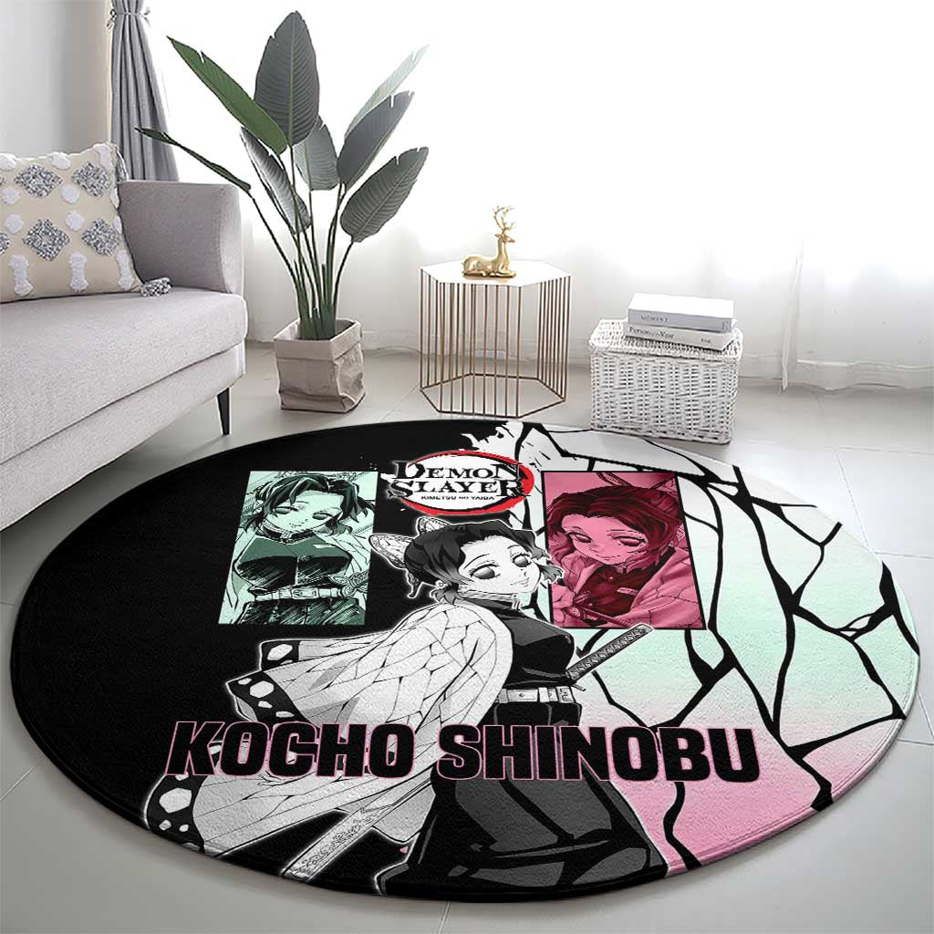Shinobu Kocho from Demon Slayer Round Carpet with Black and White Wing Pattern and Pastel Manga Panel Design - The Mazicc