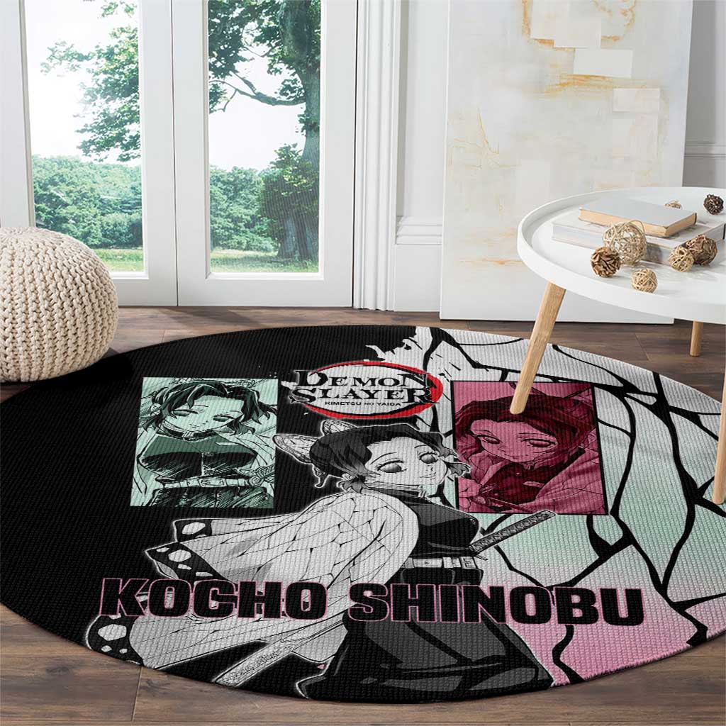 Shinobu Kocho from Demon Slayer Round Carpet with Black and White Wing Pattern and Pastel Manga Panel Design - The Mazicc