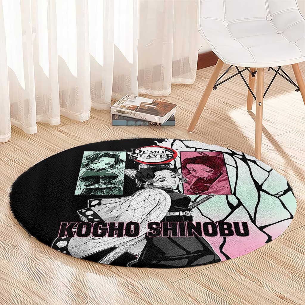 Shinobu Kocho from Demon Slayer Round Carpet with Black and White Wing Pattern and Pastel Manga Panel Design - The Mazicc