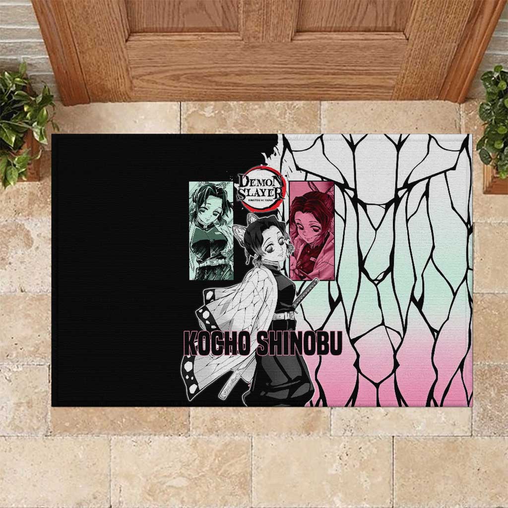 Shinobu Kocho from Demon Slayer Rubber Doormat with Black and White Wing Pattern and Pastel Manga Panel Design - The Mazicc