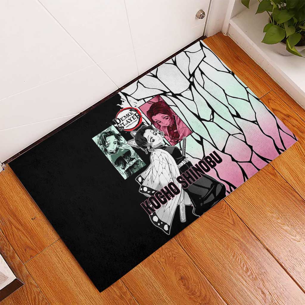 Shinobu Kocho from Demon Slayer Rubber Doormat with Black and White Wing Pattern and Pastel Manga Panel Design - The Mazicc