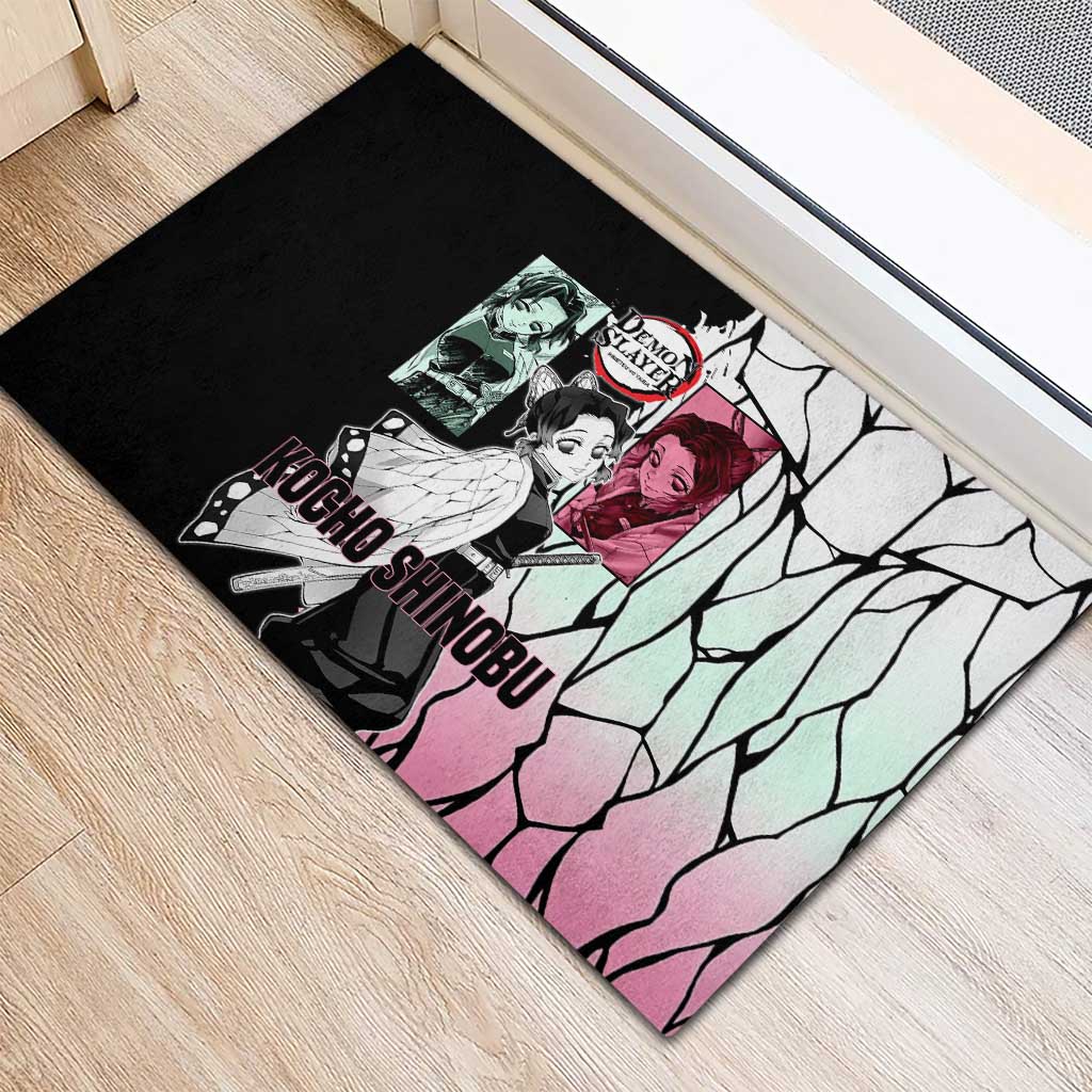 Shinobu Kocho from Demon Slayer Rubber Doormat with Black and White Wing Pattern and Pastel Manga Panel Design - The Mazicc