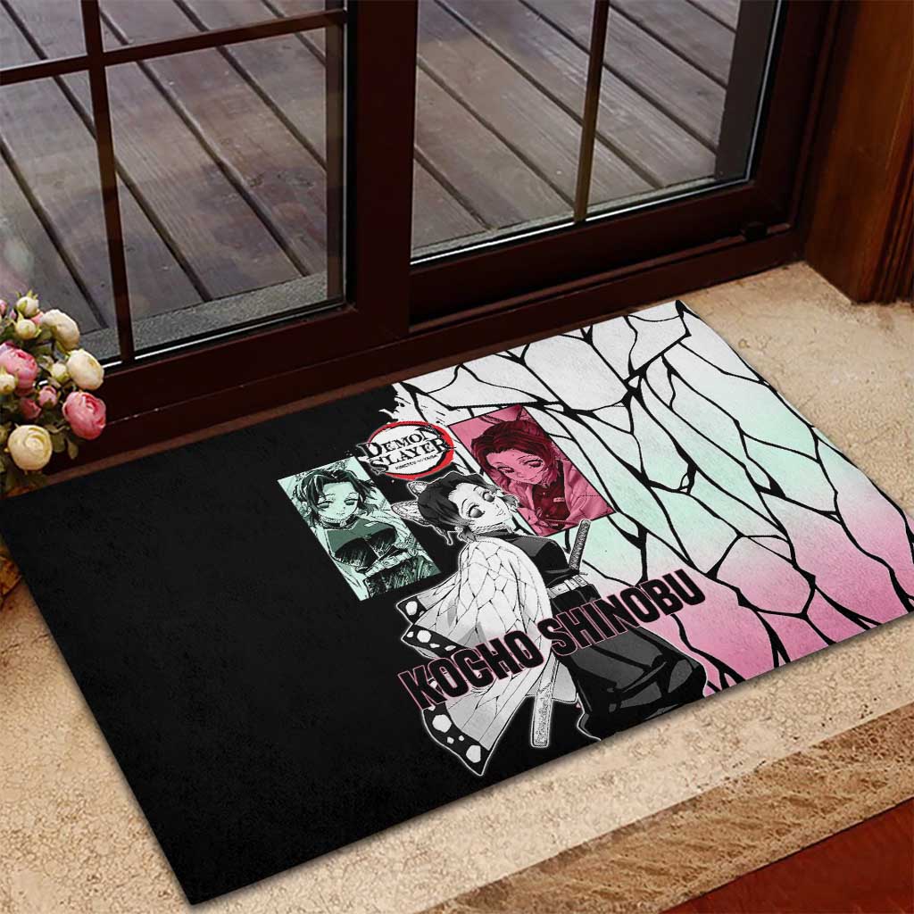 Shinobu Kocho from Demon Slayer Rubber Doormat with Black and White Wing Pattern and Pastel Manga Panel Design - The Mazicc