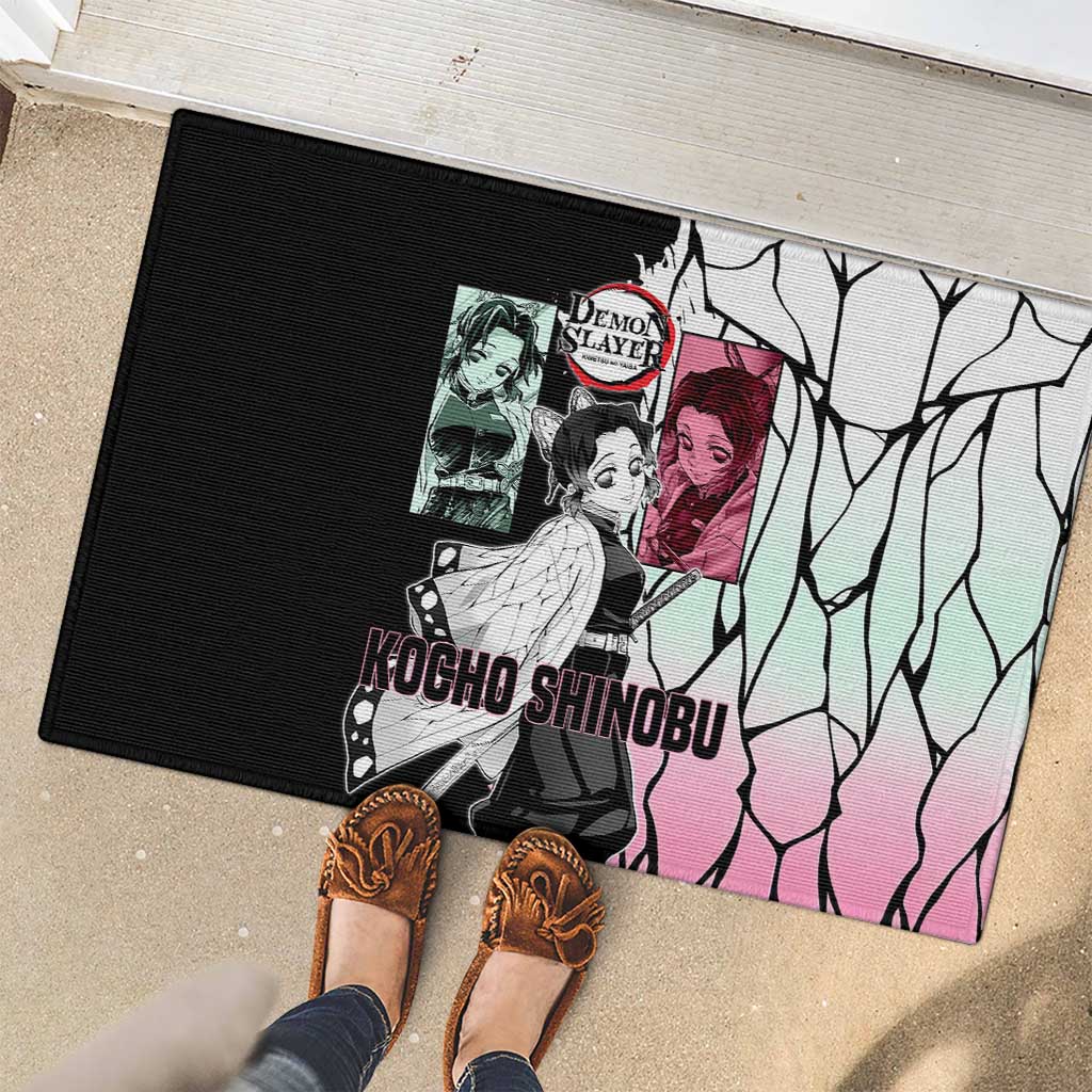 Shinobu Kocho from Demon Slayer Rubber Doormat with Black and White Wing Pattern and Pastel Manga Panel Design - The Mazicc