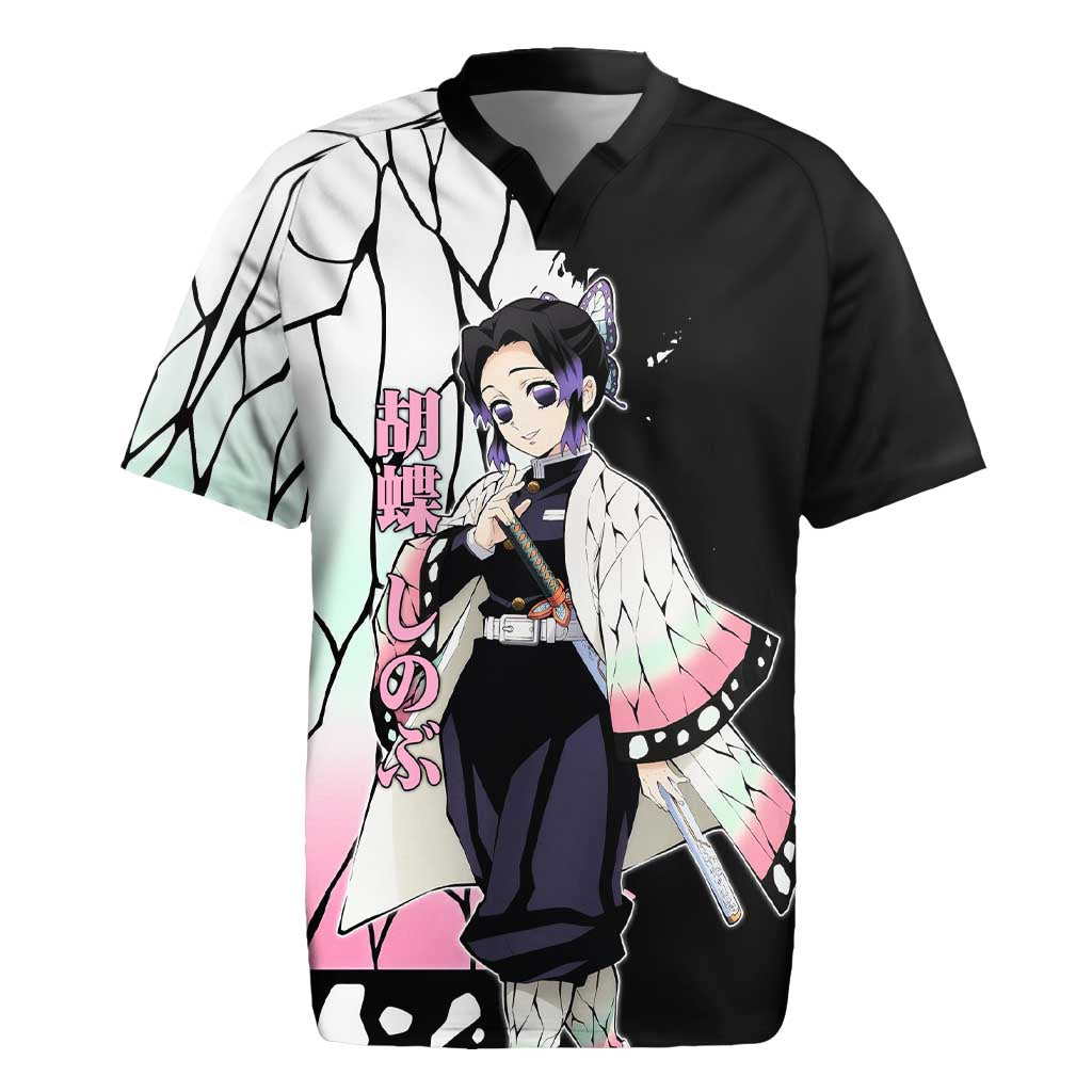 Shinobu Kocho from Demon Slayer Rugby Jersey with Black and White Wing Pattern and Pastel Manga Panel Design - The Mazicc