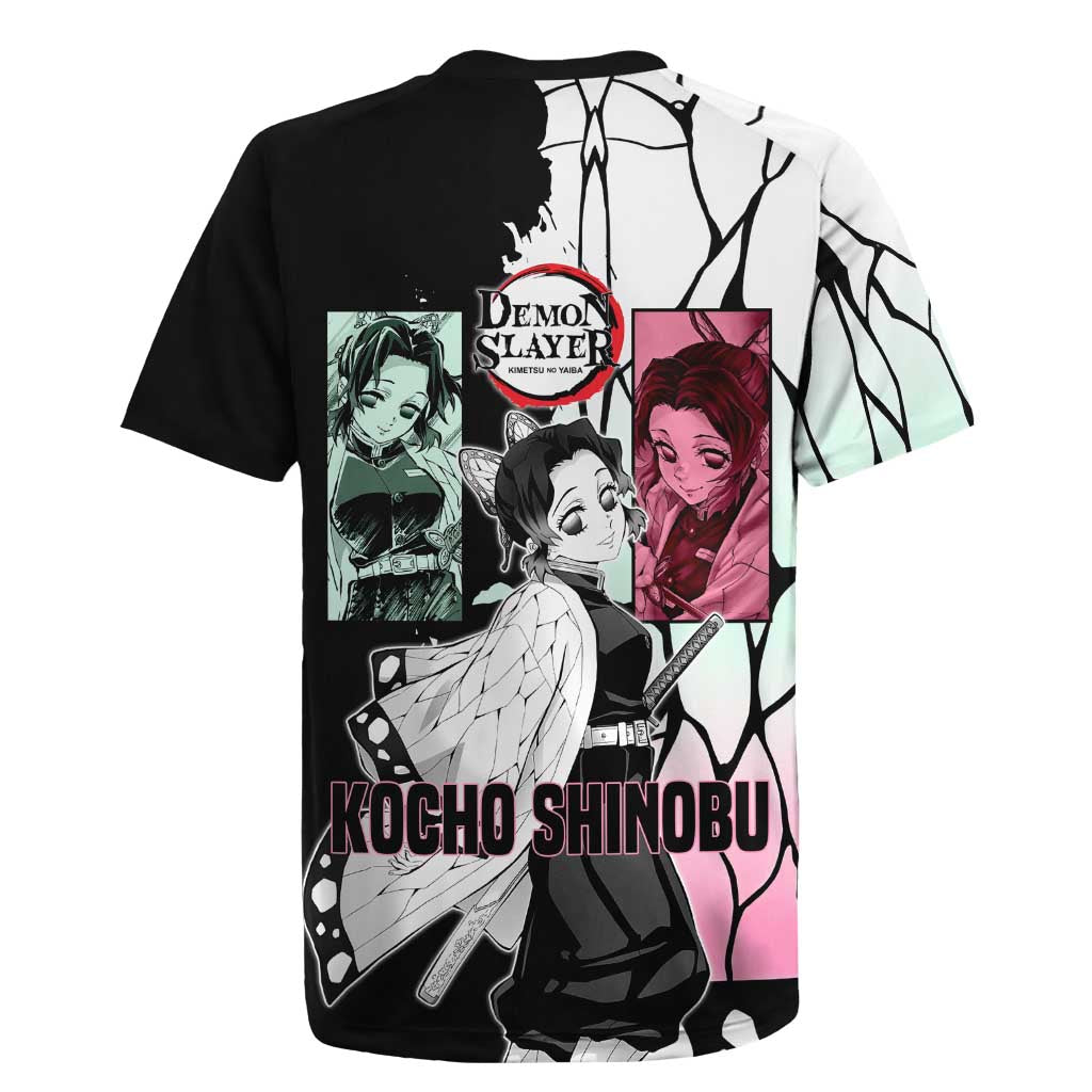 Shinobu Kocho from Demon Slayer Rugby Jersey with Black and White Wing Pattern and Pastel Manga Panel Design - The Mazicc