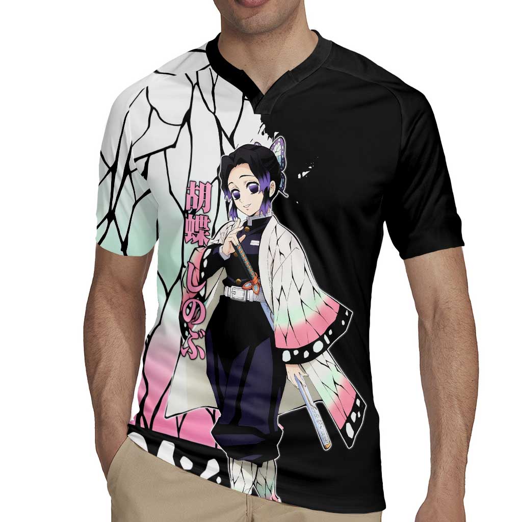 Shinobu Kocho from Demon Slayer Rugby Jersey with Black and White Wing Pattern and Pastel Manga Panel Design - The Mazicc