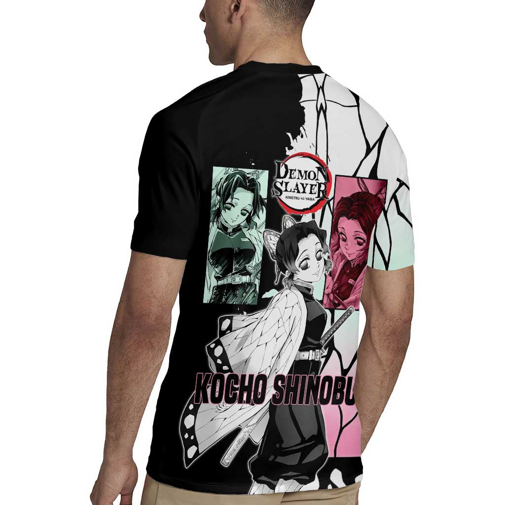 Shinobu Kocho from Demon Slayer Rugby Jersey with Black and White Wing Pattern and Pastel Manga Panel Design - The Mazicc