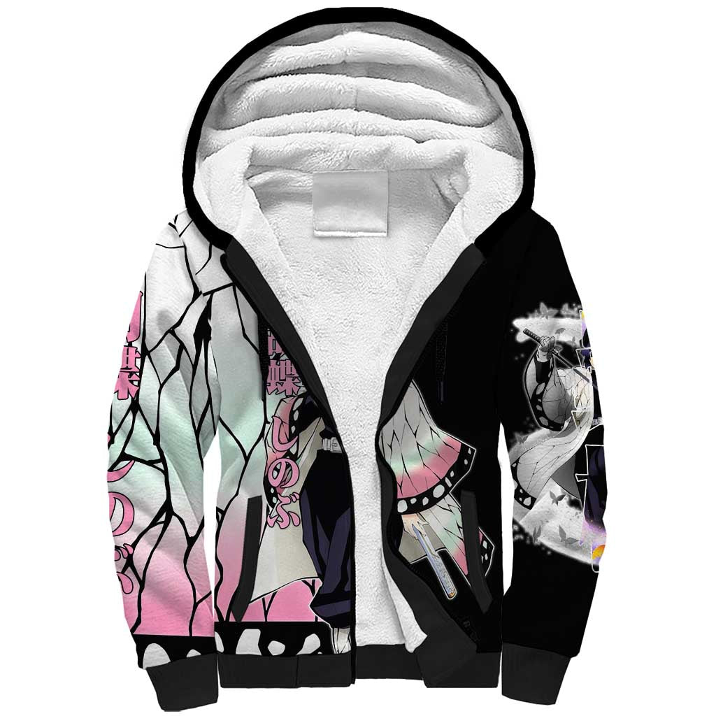 Shinobu Kocho from Demon Slayer Sherpa Hoodie with Black and White Wing Pattern and Pastel Manga Panel Design - The Mazicc