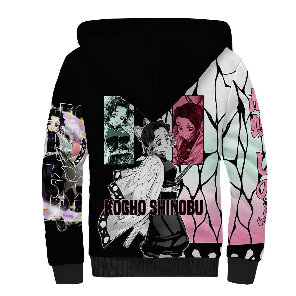Shinobu Kocho from Demon Slayer Sherpa Hoodie with Black and White Wing Pattern and Pastel Manga Panel Design - The Mazicc