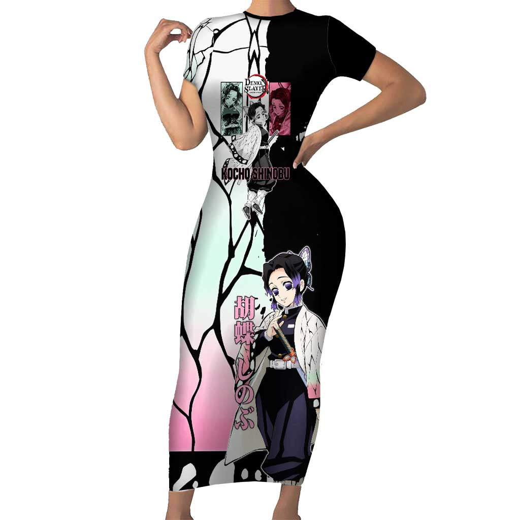 Shinobu Kocho from Demon Slayer Short Sleeve Bodycon Dress with Black and White Wing Pattern and Pastel Manga Panel Design - The Mazicc