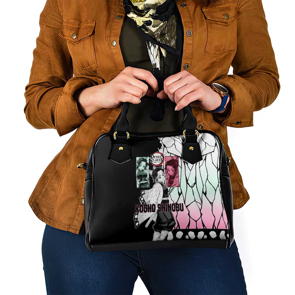 Shinobu Kocho from Demon Slayer Shoulder Handbag with Black and White Wing Pattern and Pastel Manga Panel Design - The Mazicc