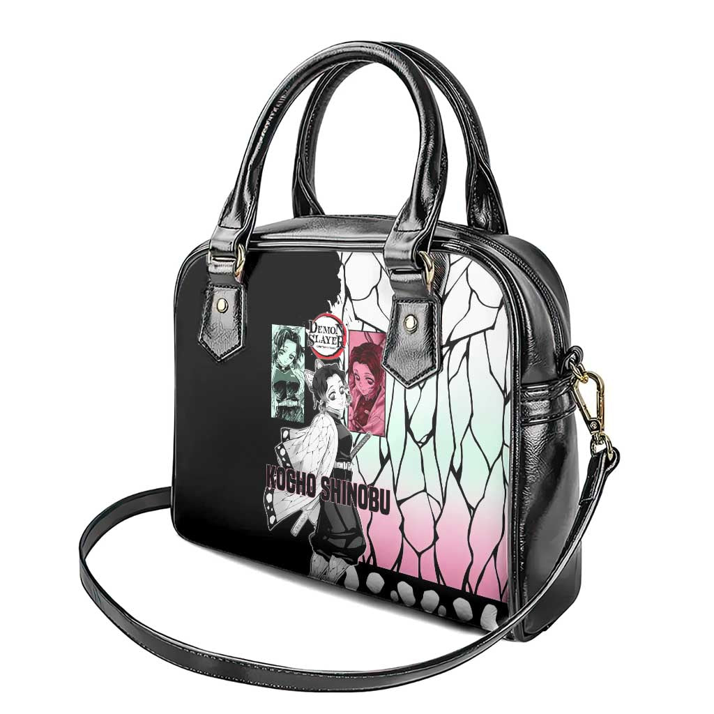 Shinobu Kocho from Demon Slayer Shoulder Handbag with Black and White Wing Pattern and Pastel Manga Panel Design - The Mazicc