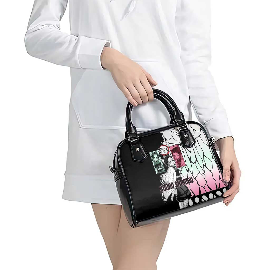 Shinobu Kocho from Demon Slayer Shoulder Handbag with Black and White Wing Pattern and Pastel Manga Panel Design - The Mazicc