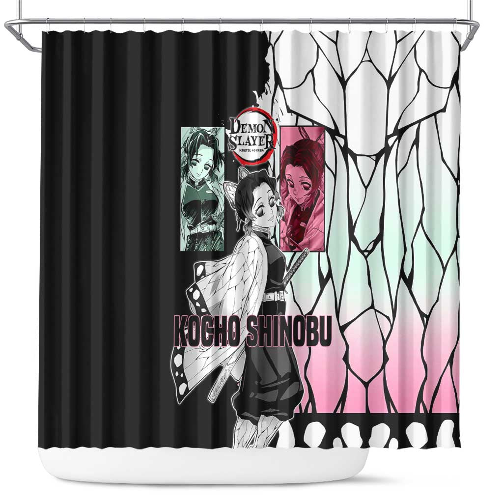 Shinobu Kocho from Demon Slayer Shower Curtain with Black and White Wing Pattern and Pastel Manga Panel Design - The Mazicc