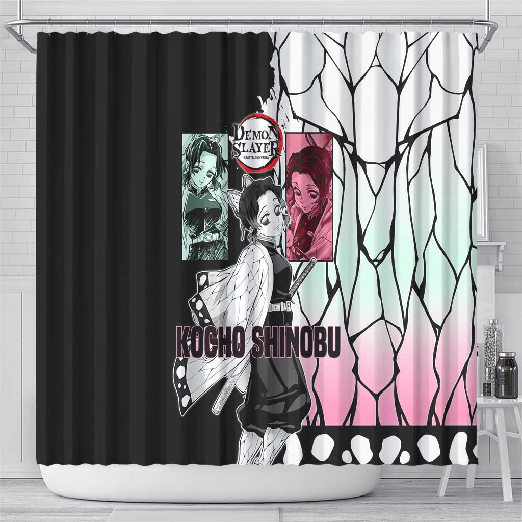 Shinobu Kocho from Demon Slayer Shower Curtain with Black and White Wing Pattern and Pastel Manga Panel Design - The Mazicc