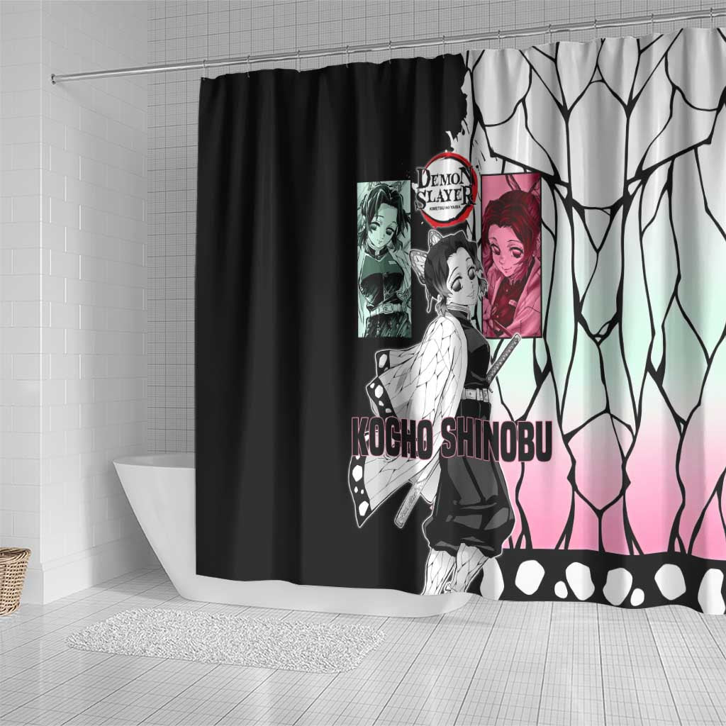 Shinobu Kocho from Demon Slayer Shower Curtain with Black and White Wing Pattern and Pastel Manga Panel Design - The Mazicc