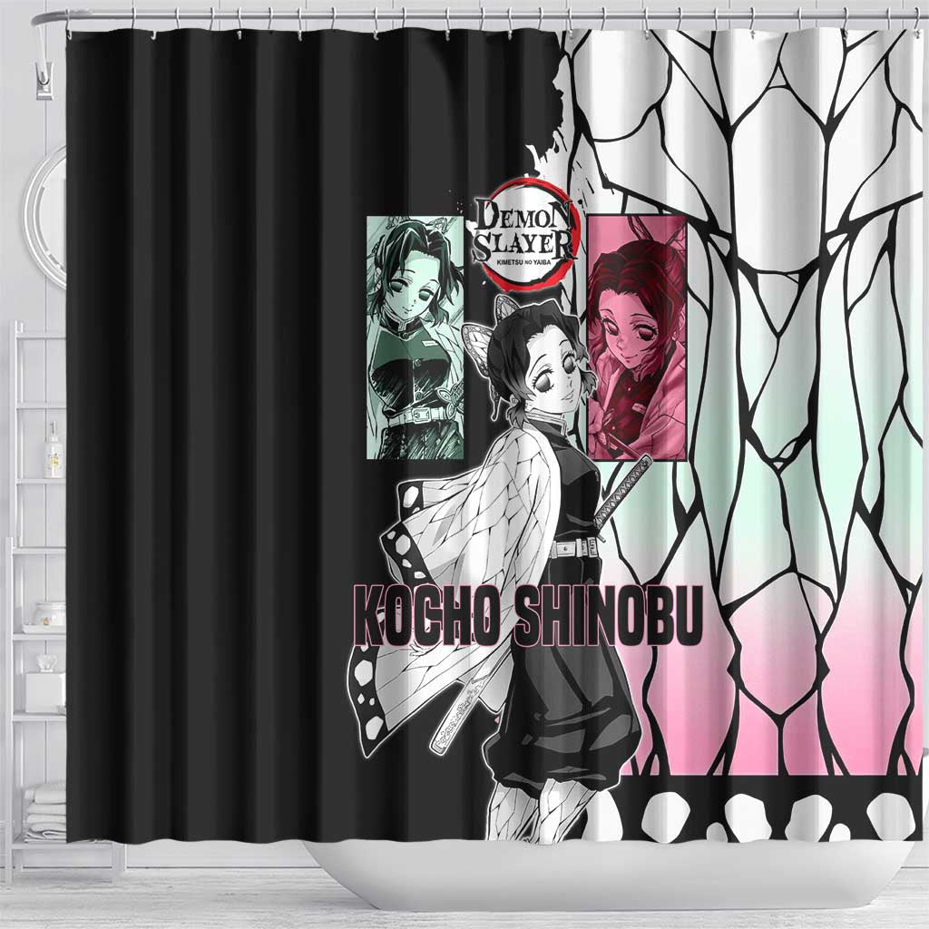 Shinobu Kocho from Demon Slayer Shower Curtain with Black and White Wing Pattern and Pastel Manga Panel Design - The Mazicc