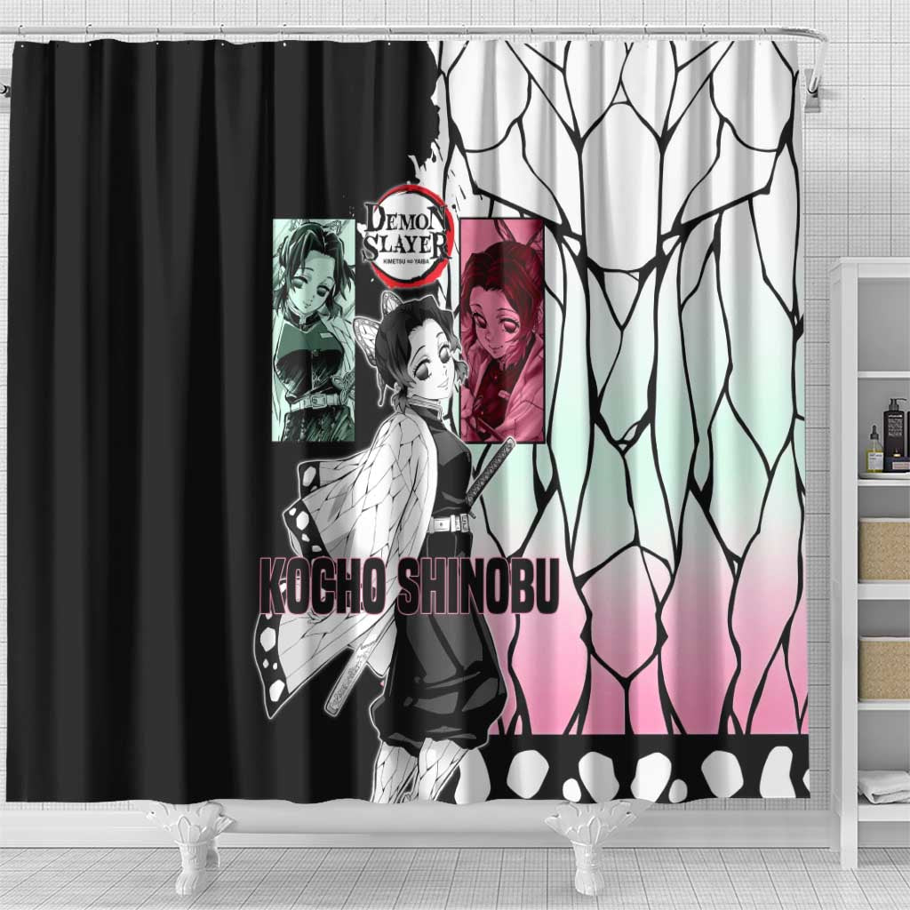 Shinobu Kocho from Demon Slayer Shower Curtain with Black and White Wing Pattern and Pastel Manga Panel Design - The Mazicc