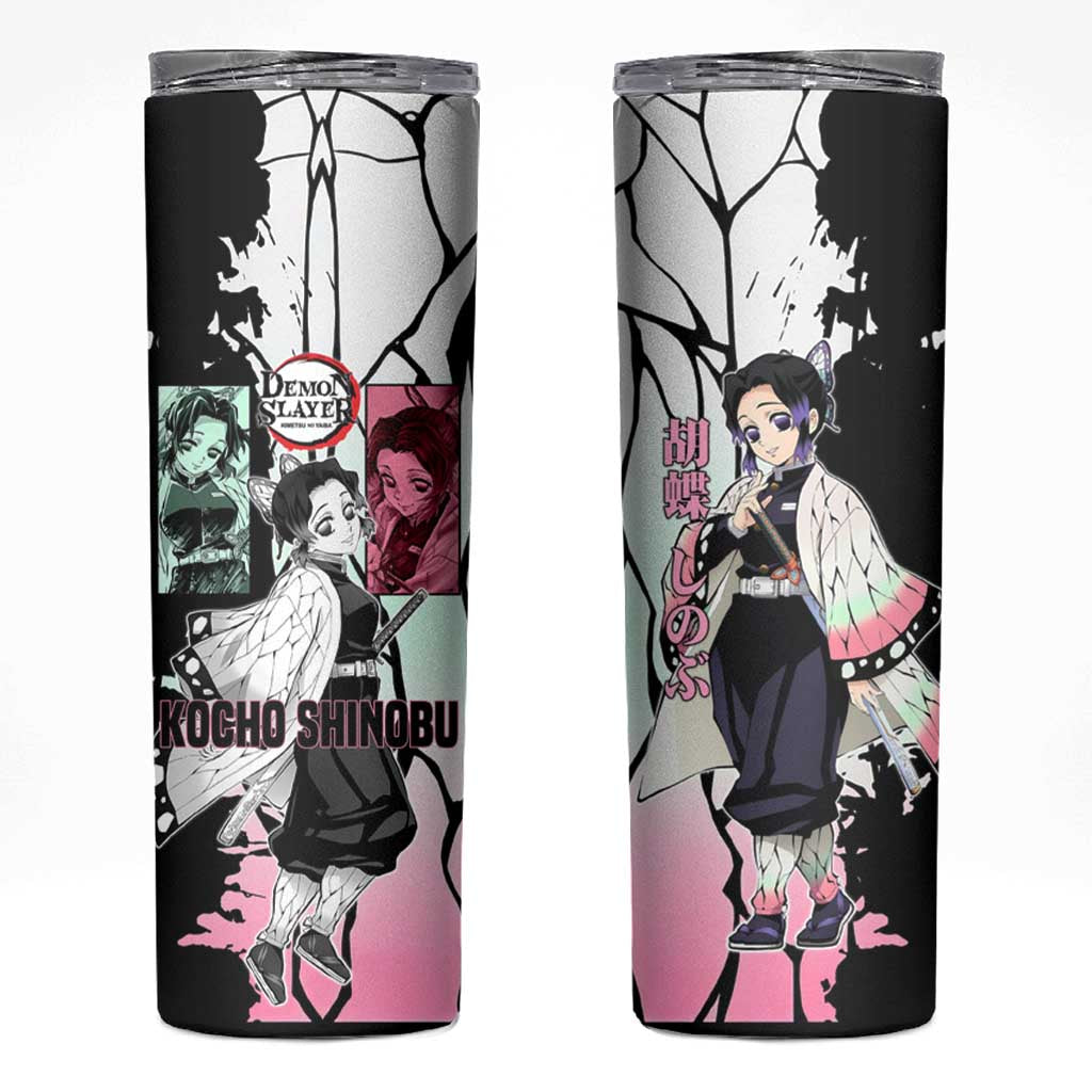 Shinobu Kocho from Demon Slayer Skinny Tumbler with Black and White Wing Pattern and Pastel Manga Panel Design - The Mazicc