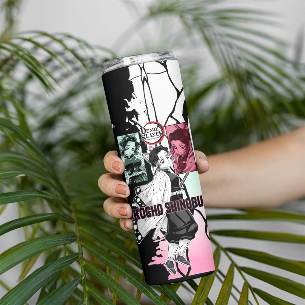 Shinobu Kocho from Demon Slayer Skinny Tumbler with Black and White Wing Pattern and Pastel Manga Panel Design - The Mazicc