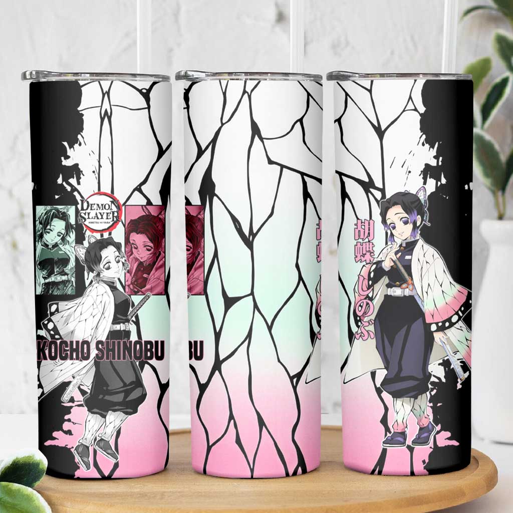 Shinobu Kocho from Demon Slayer Skinny Tumbler with Black and White Wing Pattern and Pastel Manga Panel Design - The Mazicc