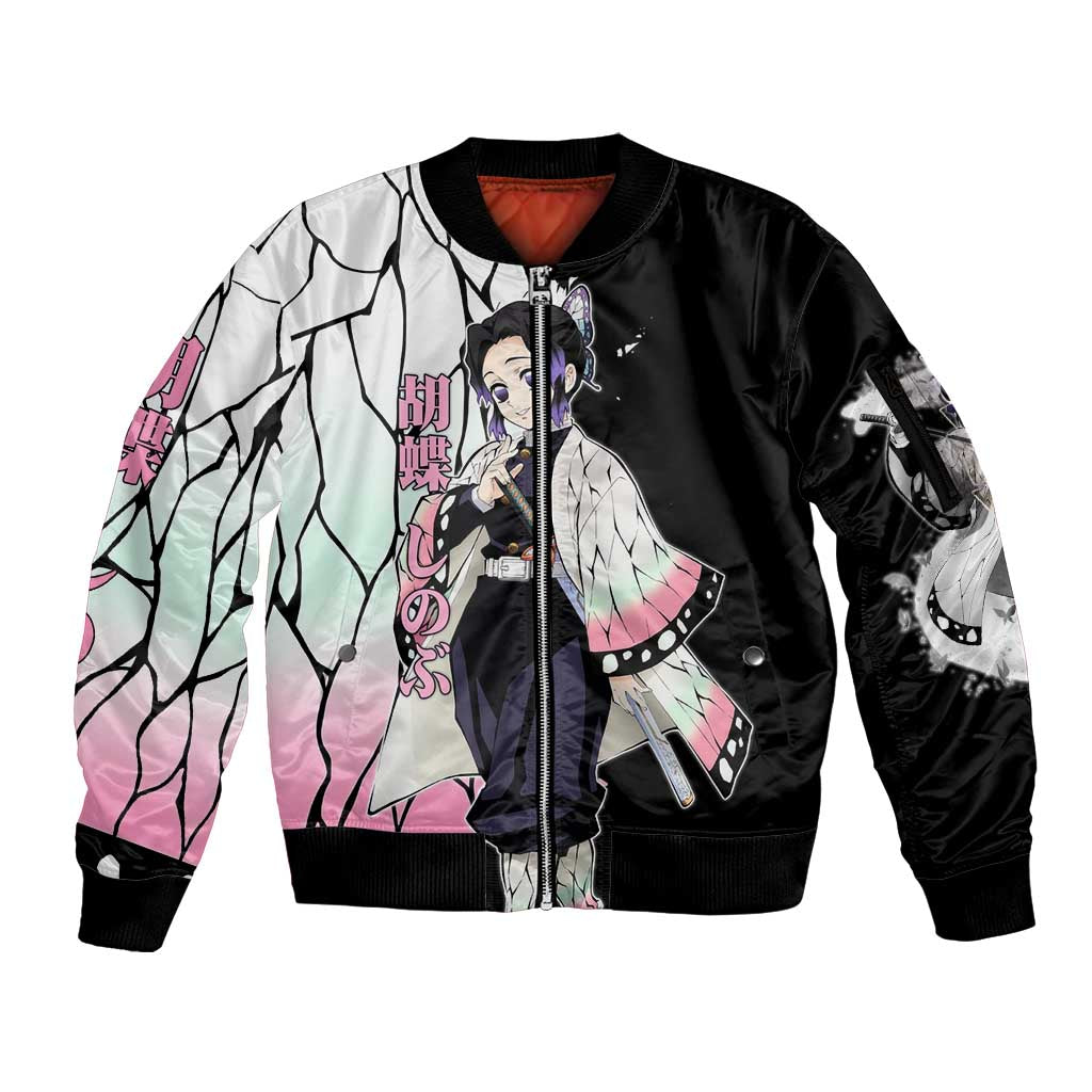 Shinobu Kocho from Demon Slayer Sleeve Zip Bomber Jacket with Black and White Wing Pattern and Pastel Manga Panel Design - The Mazicc