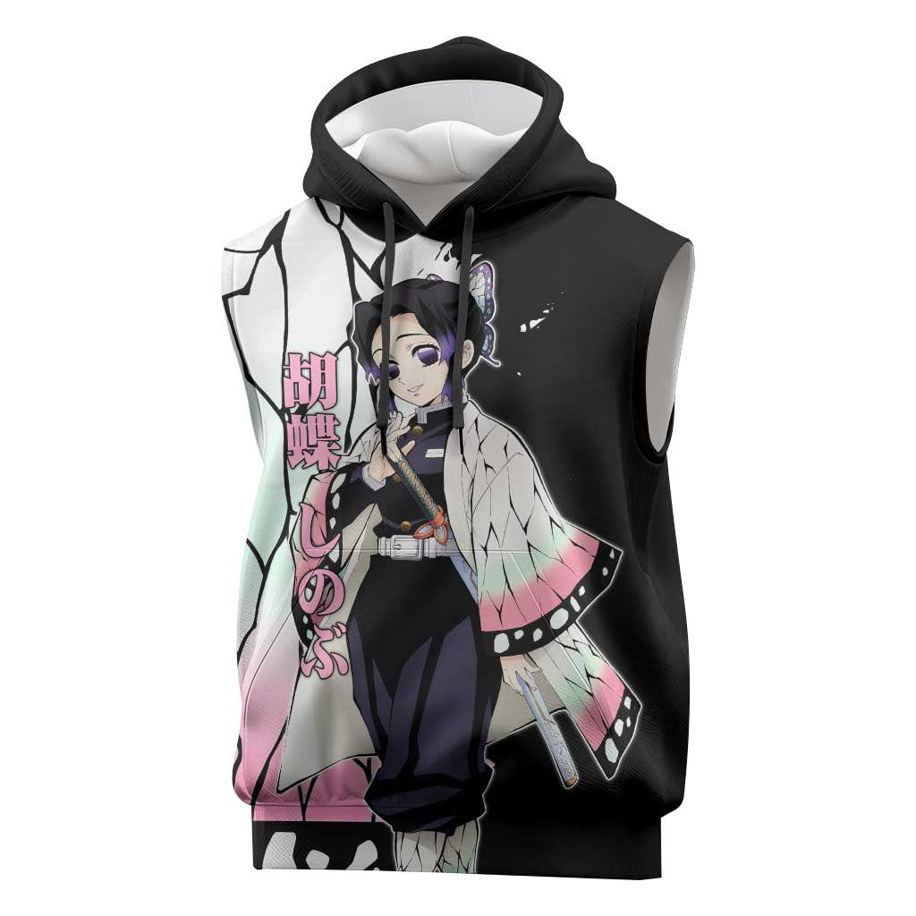 Shinobu Kocho from Demon Slayer Sleeveless Hoodie with Black and White Wing Pattern and Pastel Manga Panel Design - The Mazicc