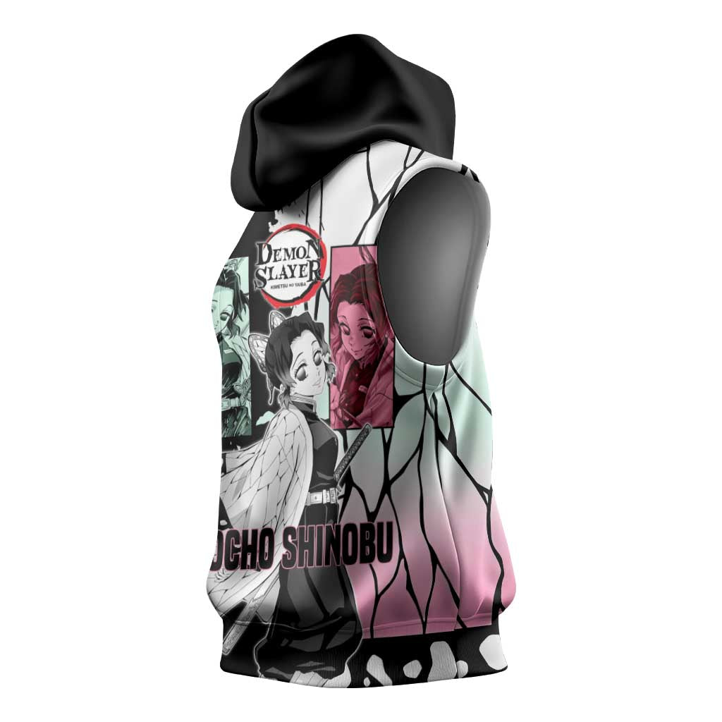 Shinobu Kocho from Demon Slayer Sleeveless Hoodie with Black and White Wing Pattern and Pastel Manga Panel Design - The Mazicc