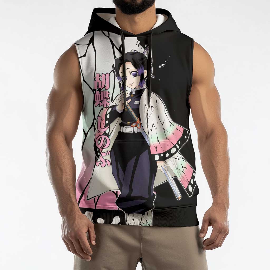 Shinobu Kocho from Demon Slayer Sleeveless Hoodie with Black and White Wing Pattern and Pastel Manga Panel Design - The Mazicc