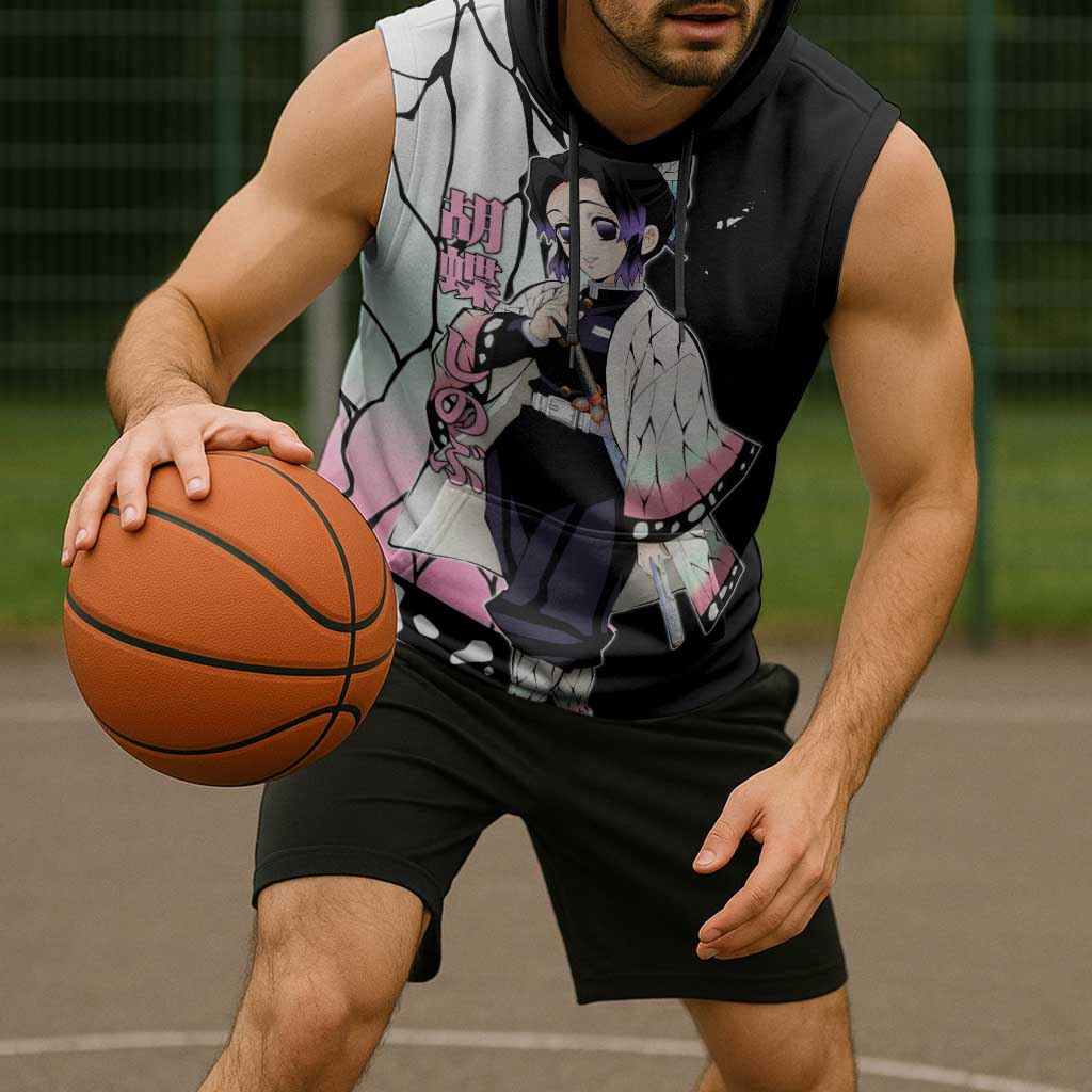 Shinobu Kocho from Demon Slayer Sleeveless Hoodie with Black and White Wing Pattern and Pastel Manga Panel Design - The Mazicc