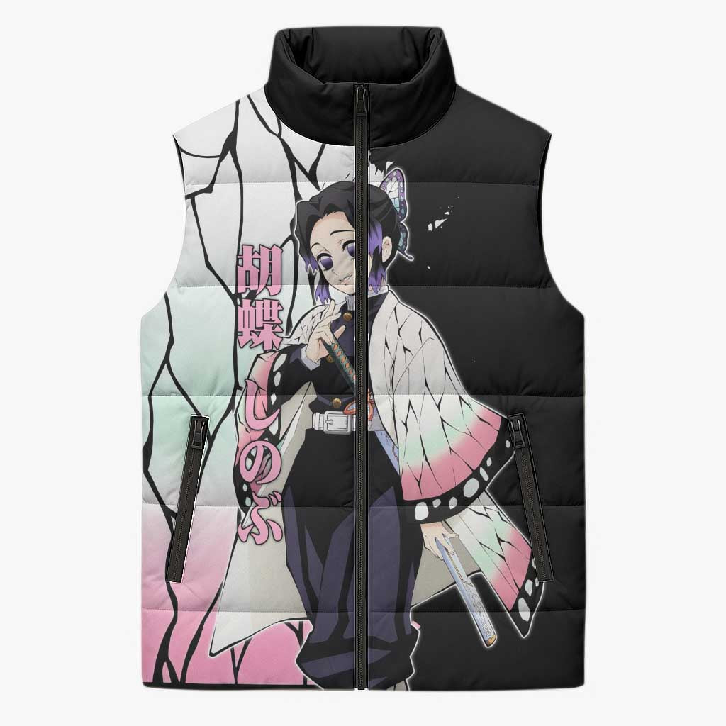 Shinobu Kocho from Demon Slayer Sleeveless Puffer Jacket with Black and White Wing Pattern and Pastel Manga Panel Design - The Mazicc