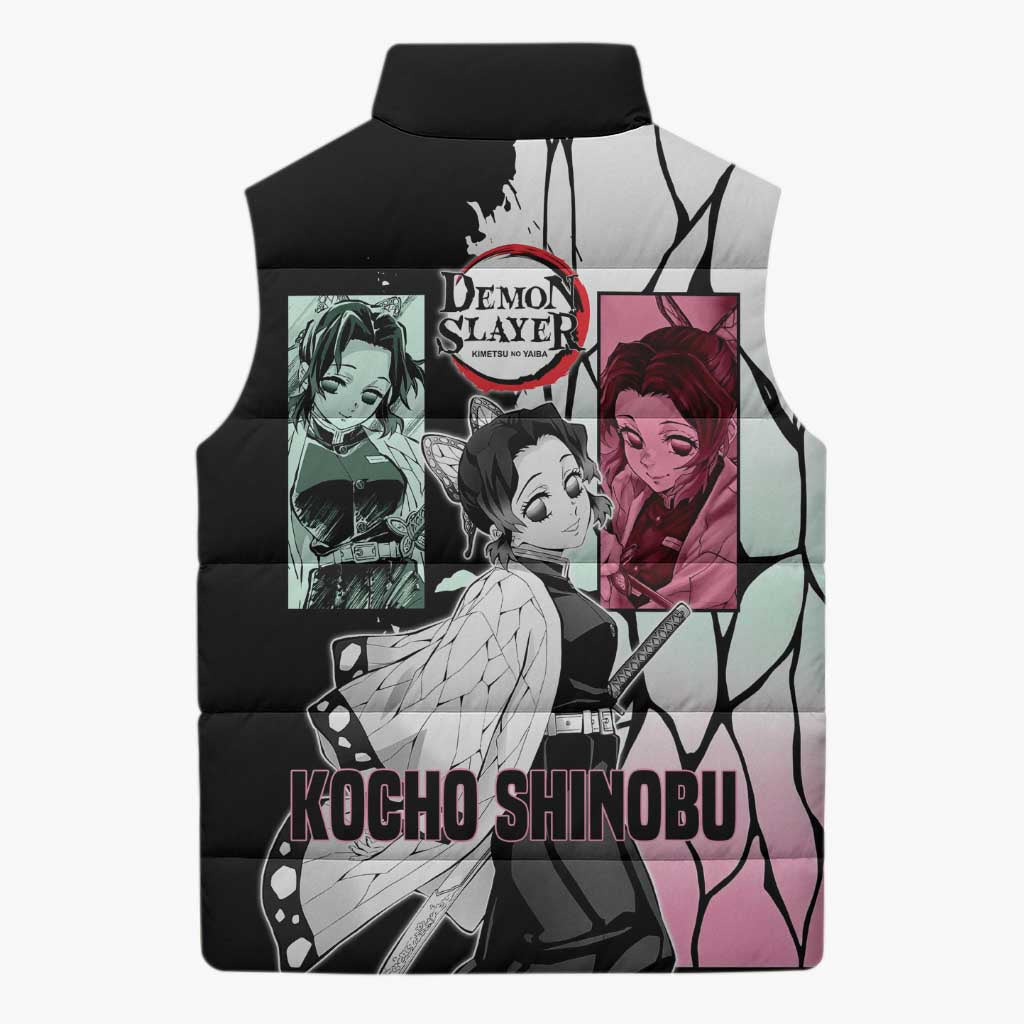 Shinobu Kocho from Demon Slayer Sleeveless Puffer Jacket with Black and White Wing Pattern and Pastel Manga Panel Design - The Mazicc