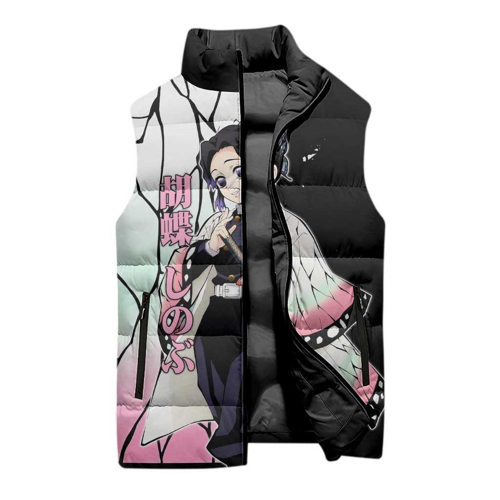 Shinobu Kocho from Demon Slayer Sleeveless Puffer Jacket with Black and White Wing Pattern and Pastel Manga Panel Design - The Mazicc