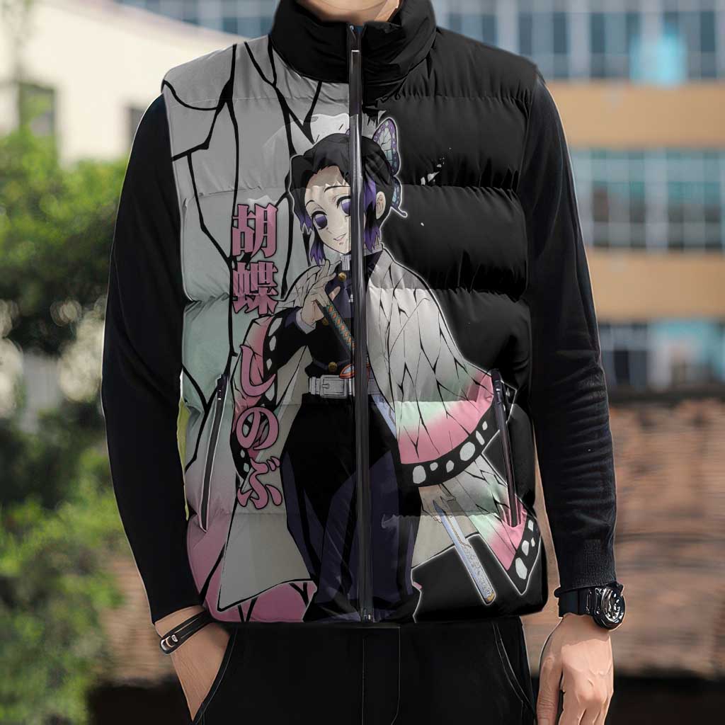 Shinobu Kocho from Demon Slayer Sleeveless Puffer Jacket with Black and White Wing Pattern and Pastel Manga Panel Design - The Mazicc