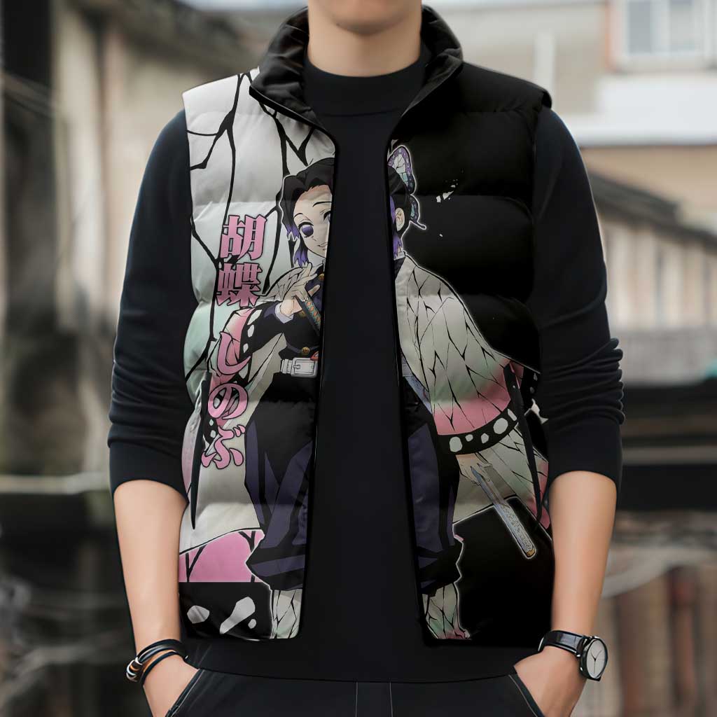 Shinobu Kocho from Demon Slayer Sleeveless Puffer Jacket with Black and White Wing Pattern and Pastel Manga Panel Design - The Mazicc