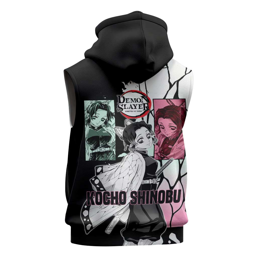 Shinobu Kocho from Demon Slayer Sleeveless Zip Hoodie with Black and White Wing Pattern and Pastel Manga Panel Design - The Mazicc