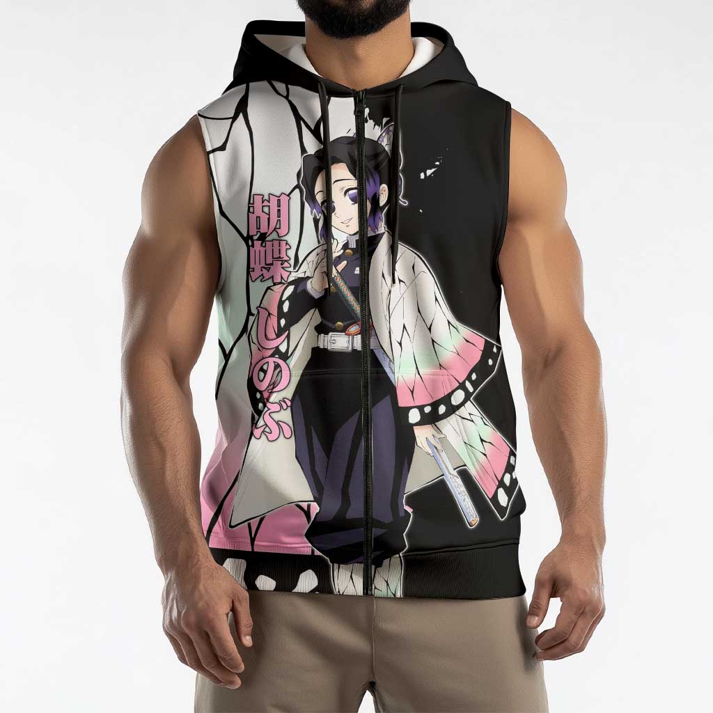 Shinobu Kocho from Demon Slayer Sleeveless Zip Hoodie with Black and White Wing Pattern and Pastel Manga Panel Design - The Mazicc