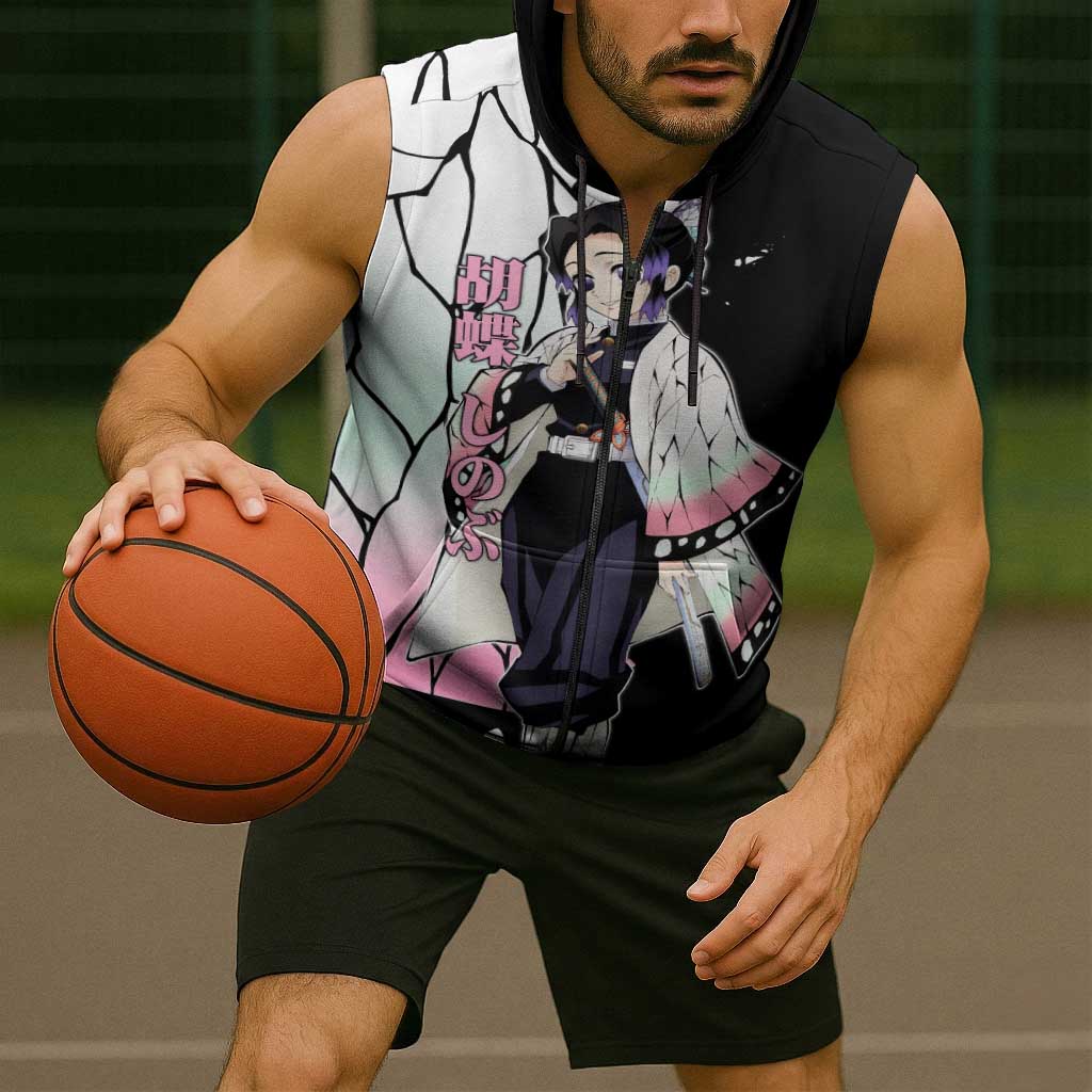 Shinobu Kocho from Demon Slayer Sleeveless Zip Hoodie with Black and White Wing Pattern and Pastel Manga Panel Design - The Mazicc