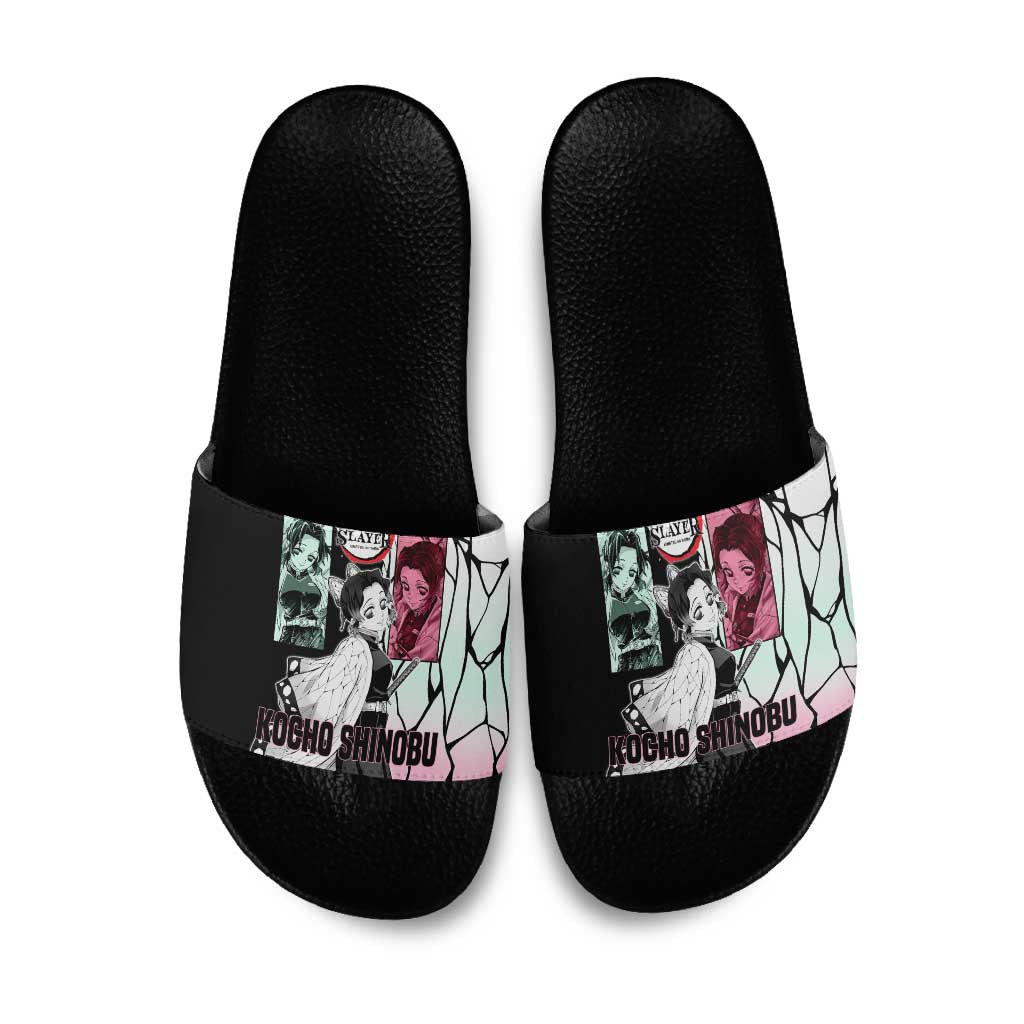 Shinobu Kocho from Demon Slayer Slide Sandals with Black and White Wing Pattern and Pastel Manga Panel Design - The Mazicc