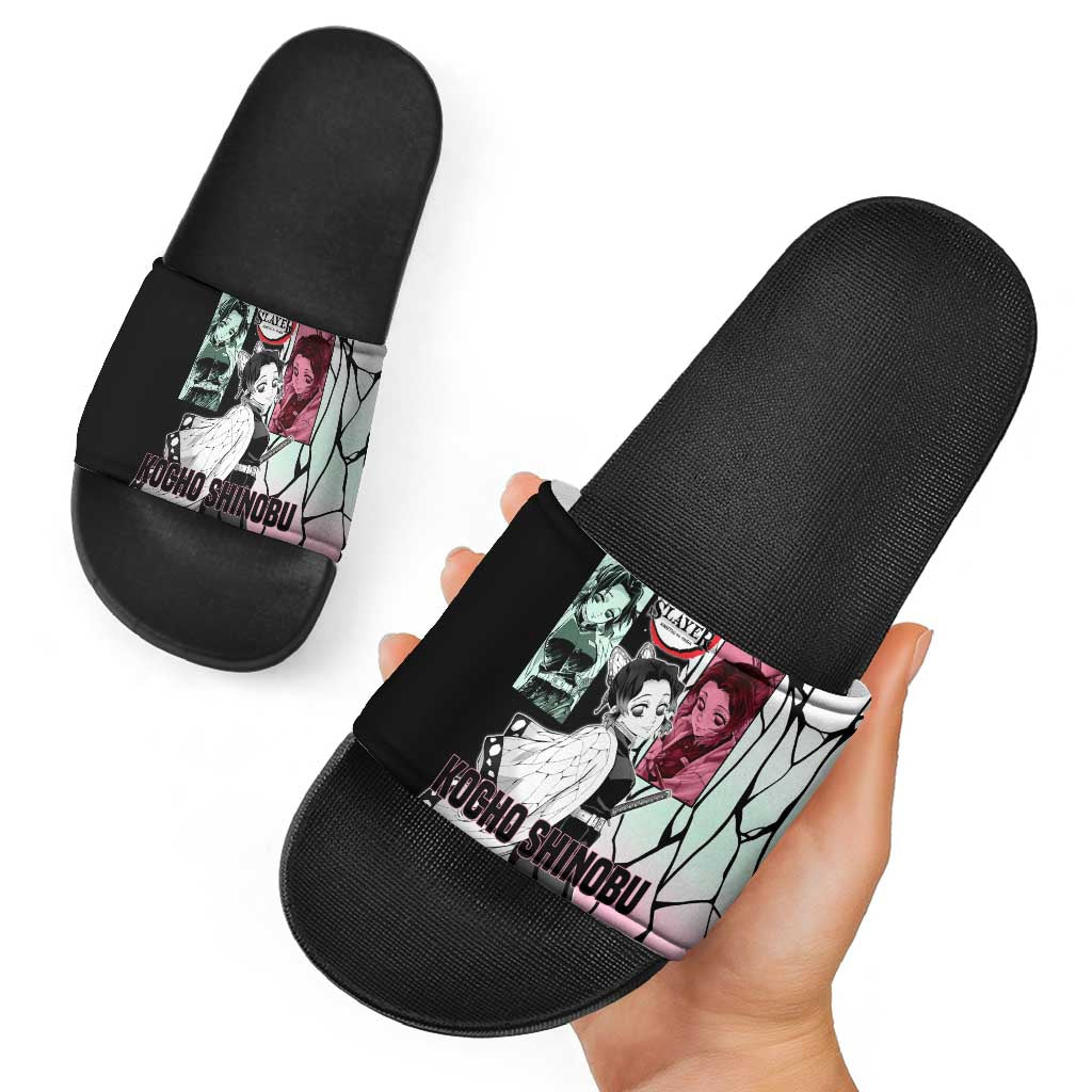 Shinobu Kocho from Demon Slayer Slide Sandals with Black and White Wing Pattern and Pastel Manga Panel Design - The Mazicc