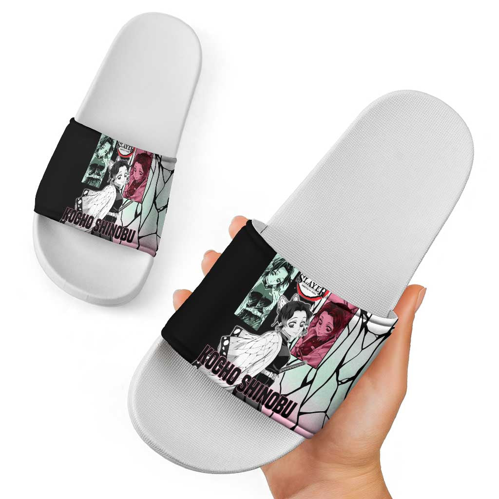 Shinobu Kocho from Demon Slayer Slide Sandals with Black and White Wing Pattern and Pastel Manga Panel Design - The Mazicc