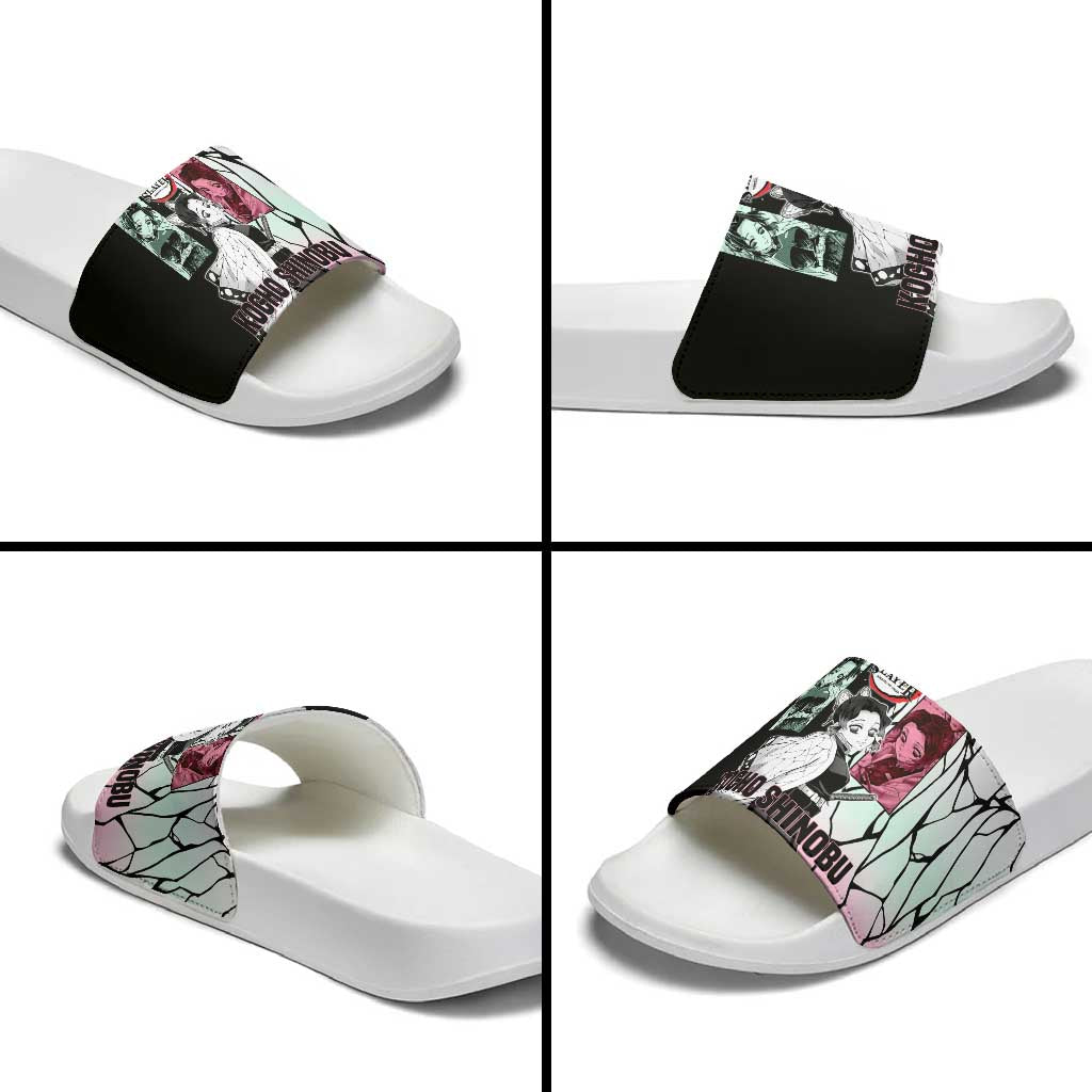 Shinobu Kocho from Demon Slayer Slide Sandals with Black and White Wing Pattern and Pastel Manga Panel Design - The Mazicc