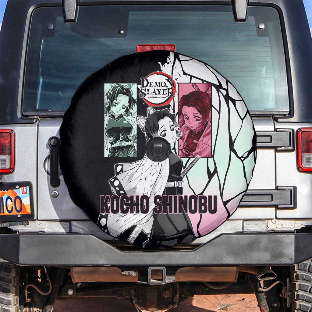 Shinobu Kocho from Demon Slayer Spare Tire Cover with Black and White Wing Pattern and Pastel Manga Panel Design - The Mazicc
