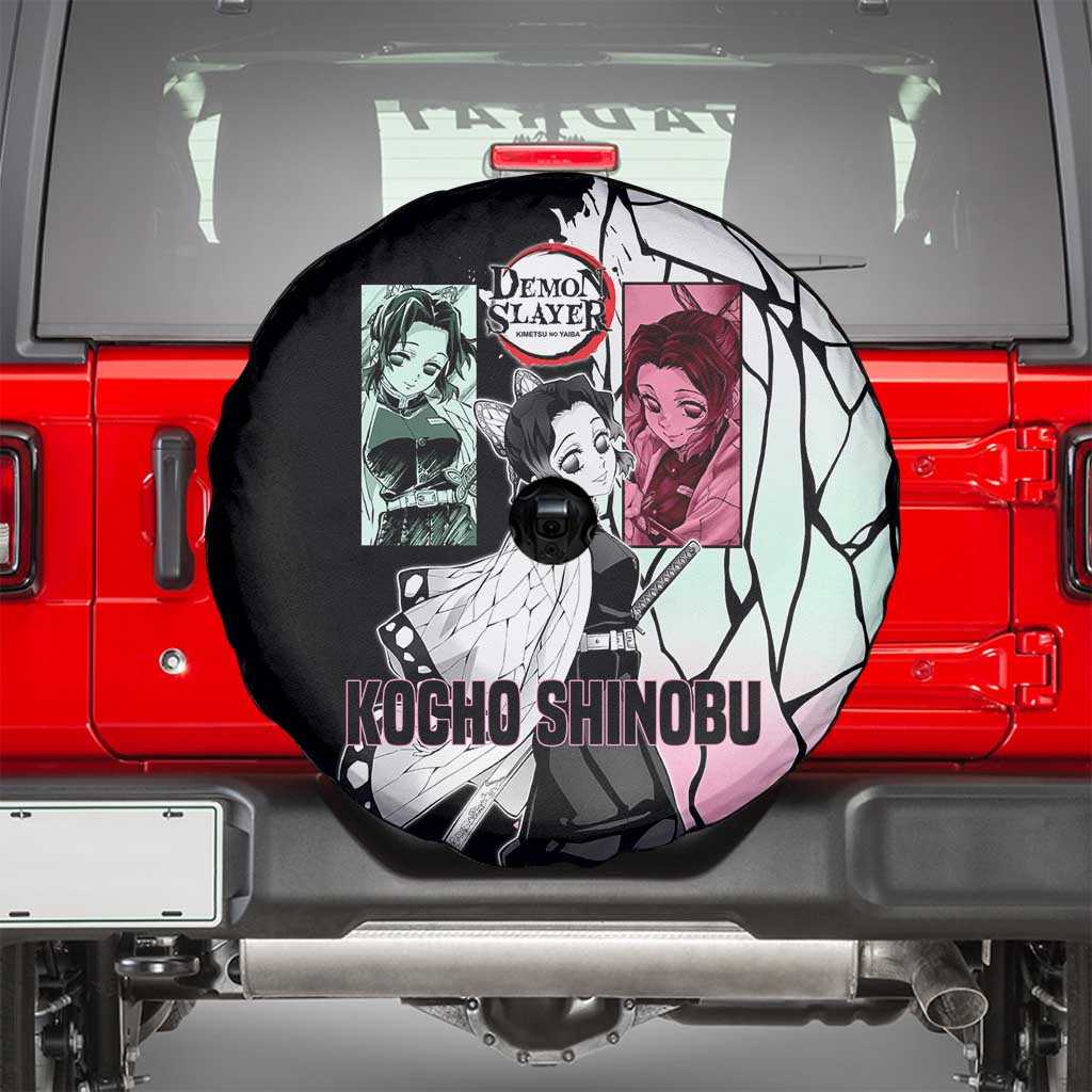Shinobu Kocho from Demon Slayer Spare Tire Cover with Black and White Wing Pattern and Pastel Manga Panel Design - The Mazicc