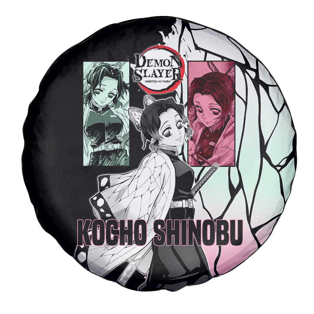 Shinobu Kocho from Demon Slayer Spare Tire Cover with Black and White Wing Pattern and Pastel Manga Panel Design - The Mazicc