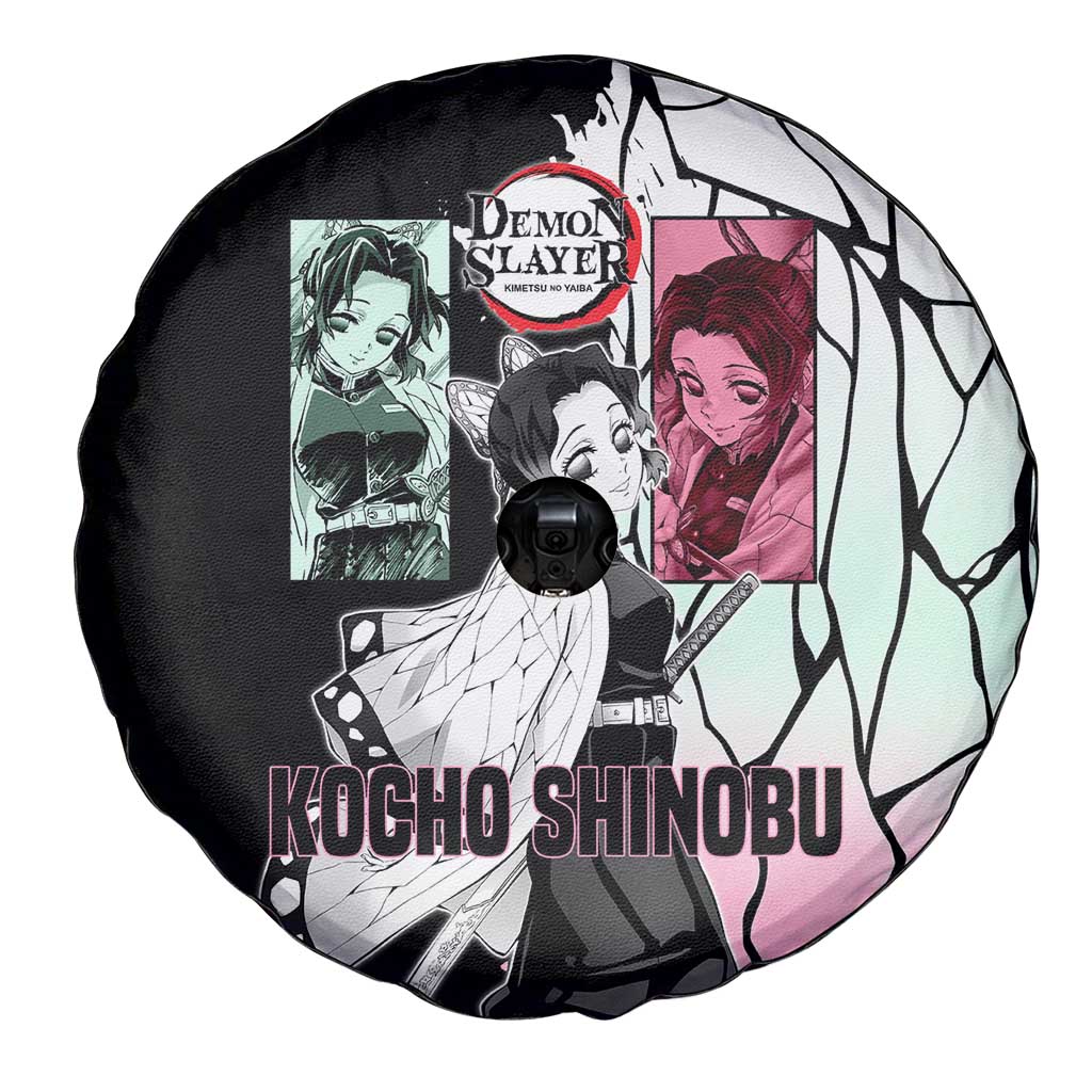 Shinobu Kocho from Demon Slayer Spare Tire Cover with Black and White Wing Pattern and Pastel Manga Panel Design - The Mazicc